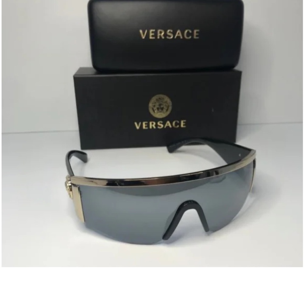 Versace Tribute Gray Mirrored Black Shield Sunglasses NWT